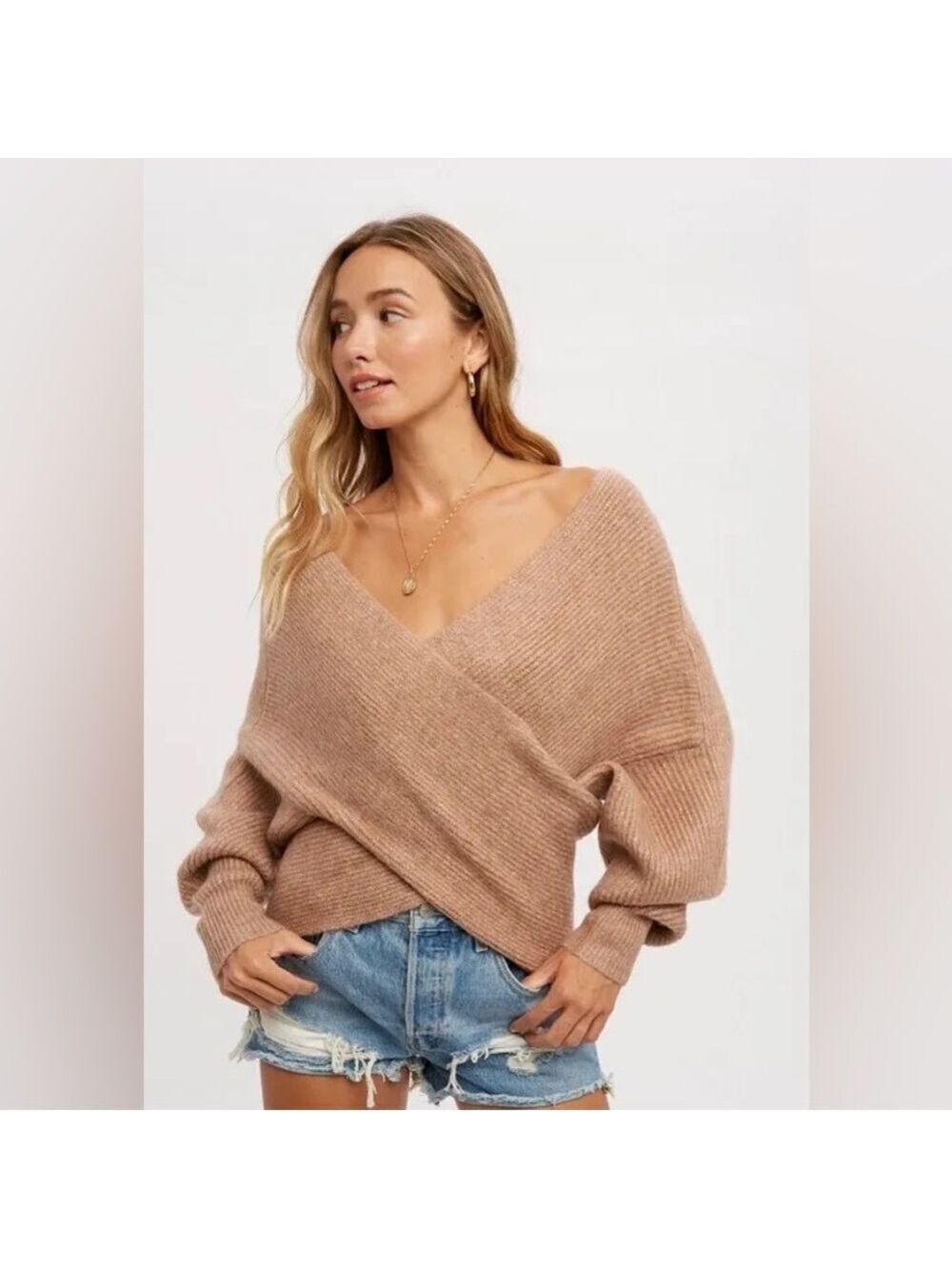 CLEAR OUT!!! Crossover Ribbed Pullover- Latte - Picture 8 of 11
